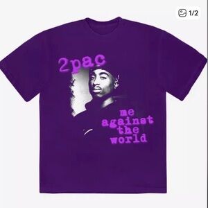 TUPAC WOMENS LARGE “ME AGAINST THE WORLD RAISED LETTERING PURPLE BOYFRIEND FIT